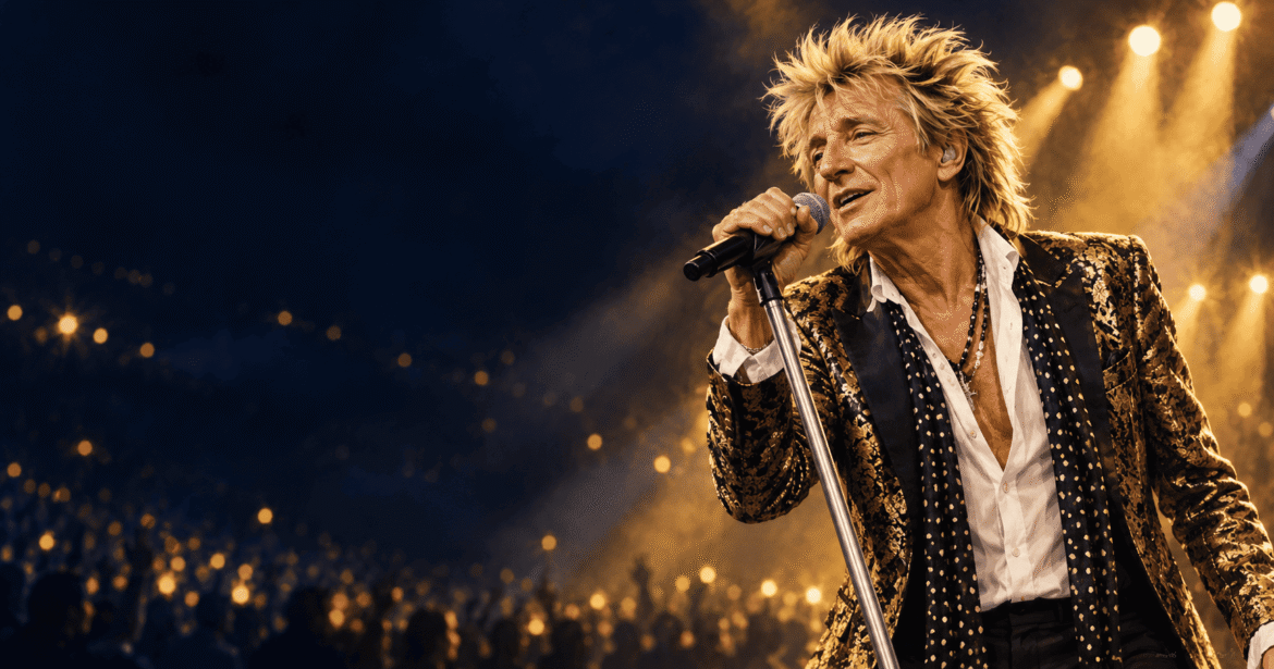 Ilustração de Rod Stewart cantando no palco para notícia sobre sua última turnê em 2027