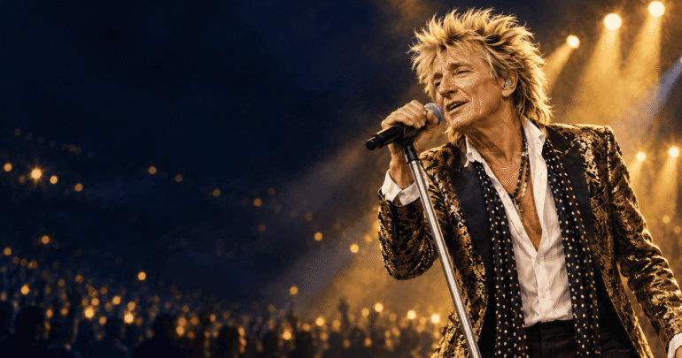 Ilustração de Rod Stewart cantando no palco para notícia sobre sua última turnê em 2027