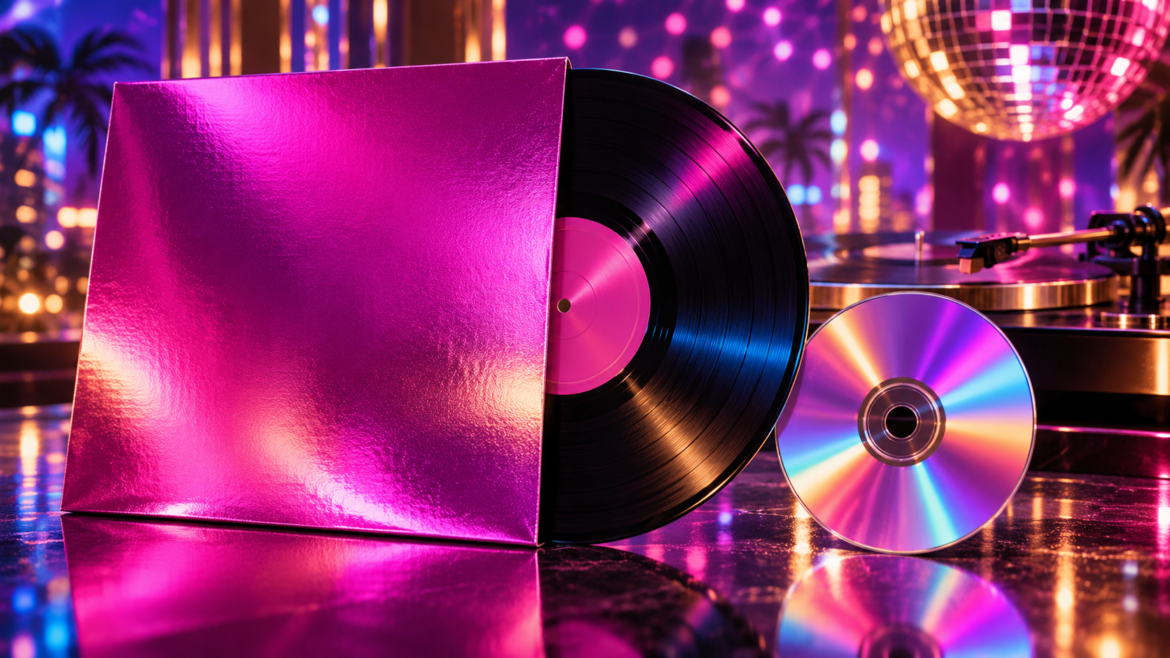 Vinil e CD em cenário de pista de dança ilustram o lançamento Free To Love: Hot Star Remixes, do Duran Duran.
