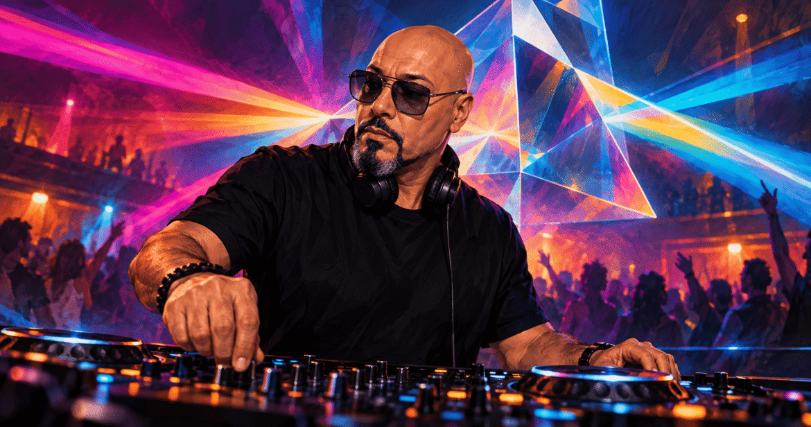 Ilustração de Roger Sanchez em uma cabine de DJ com luzes coloridas