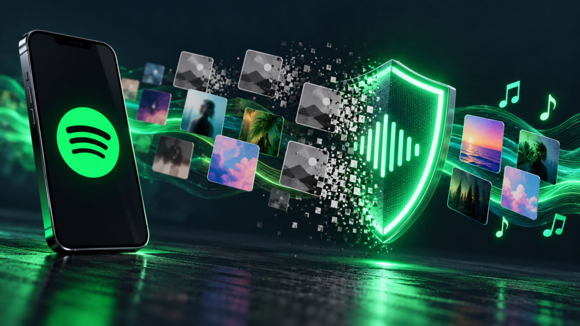 Ilustração sobre a notícia Spotify remove 75 milhões de faixas de spam, com celular e filtro de conteúdo musical.