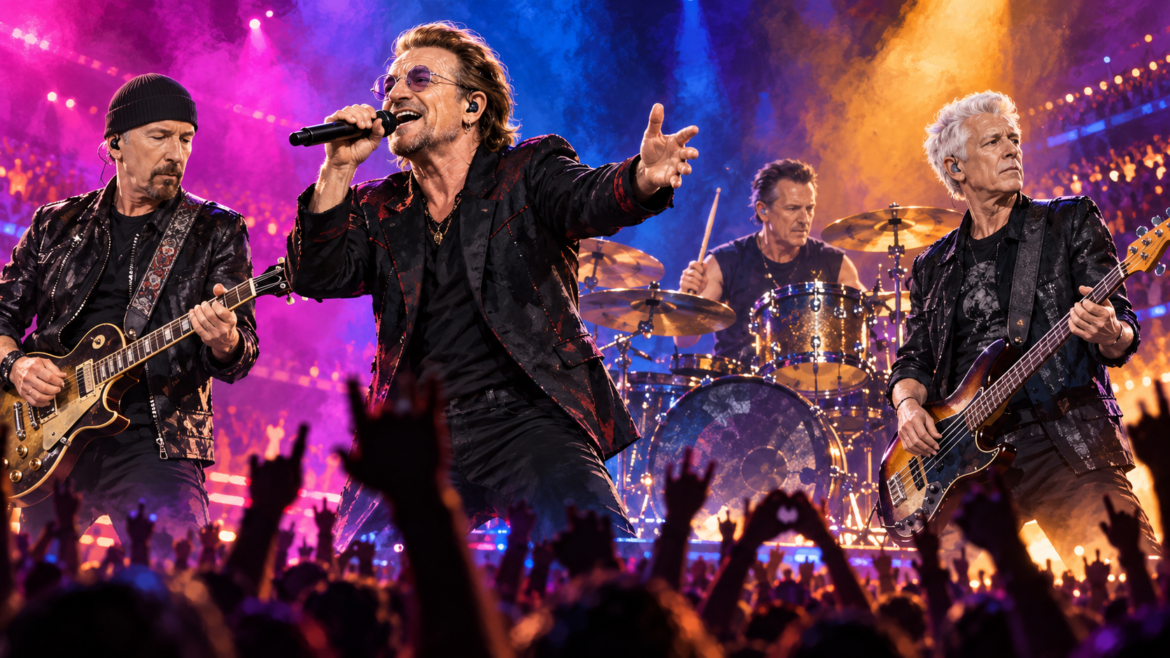 Ilustração dos quatro integrantes da banda no palco para notícia sobre U2 no Brasil em 2027
