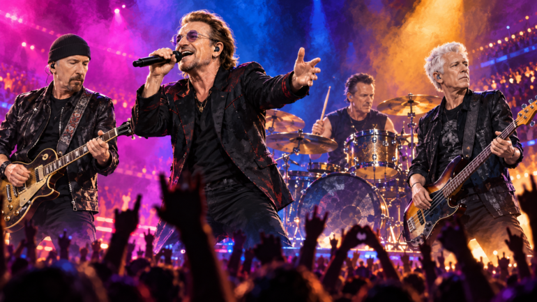 Ilustração dos quatro integrantes da banda no palco para notícia sobre U2 no Brasil em 2027